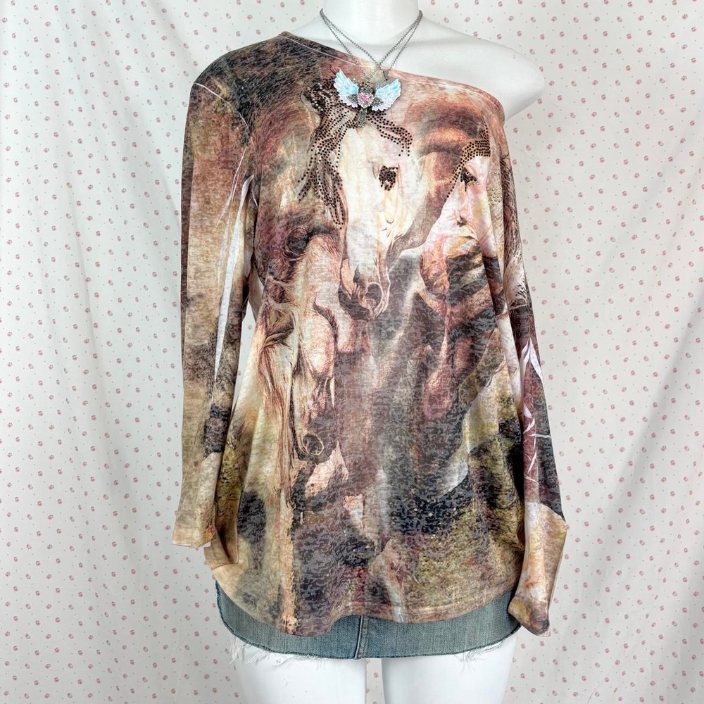 y2k horse print sheer mesh long sleeve top vintage
